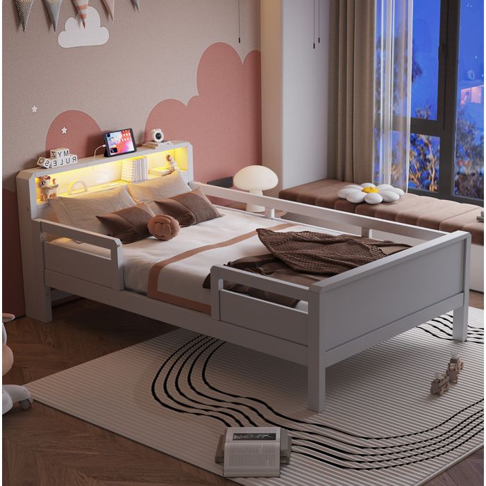 Lit enfant 90 x 200 cm blanc avec rangement LED USB Type-C et barrières sans matelas