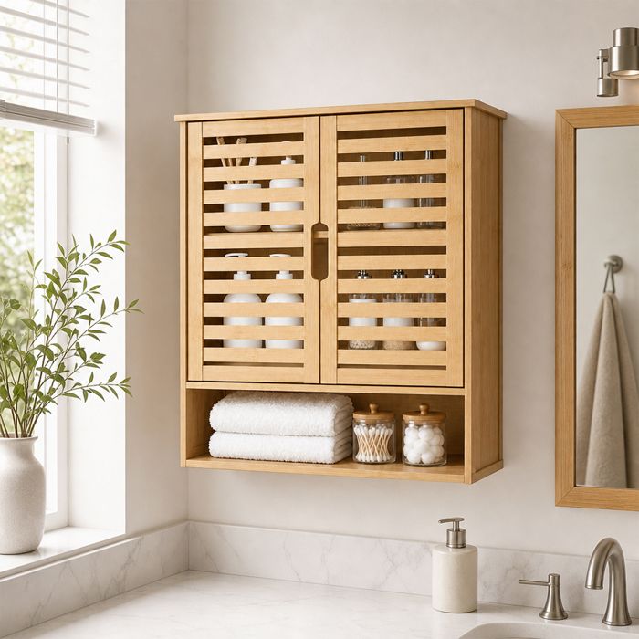 VIVOLILV Armoire murale petite salle de bain Double Porte avec Étagère Réglable Meuble rangement suspendu ventilé Bambou