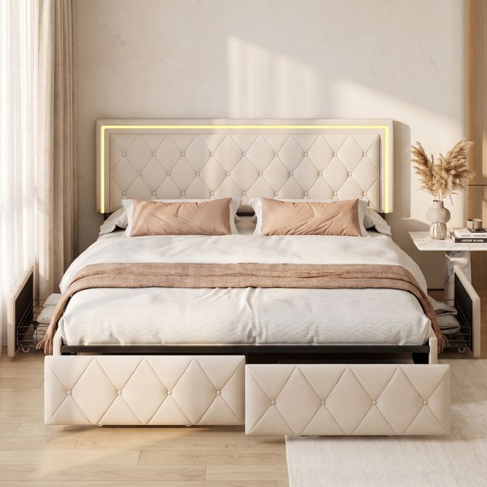 Lit 2 Personne 160x200 cm avec LED - lit capitonné avec 4 tiroirs de rangement - Lit adulte avec sommier - Modern - PU Beige