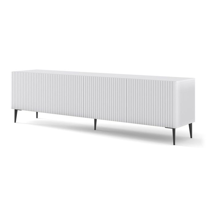 Meubles TV - Meuble TV Ravenna avec 4 portes en bois et pieds noirs - Blanc mat - L 200 x P 42 x H 56 cm Meubles TV - Meuble TV Ravenna avec 4 portes en bois et pieds noirs - Blanc mat - L 200 x P 42 x H 56 cm