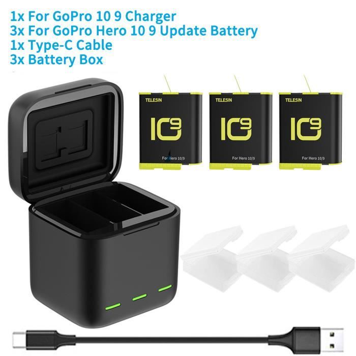 1850 mAh batterie pour GoPro Hero 10 3 voies LED c... - Grandado