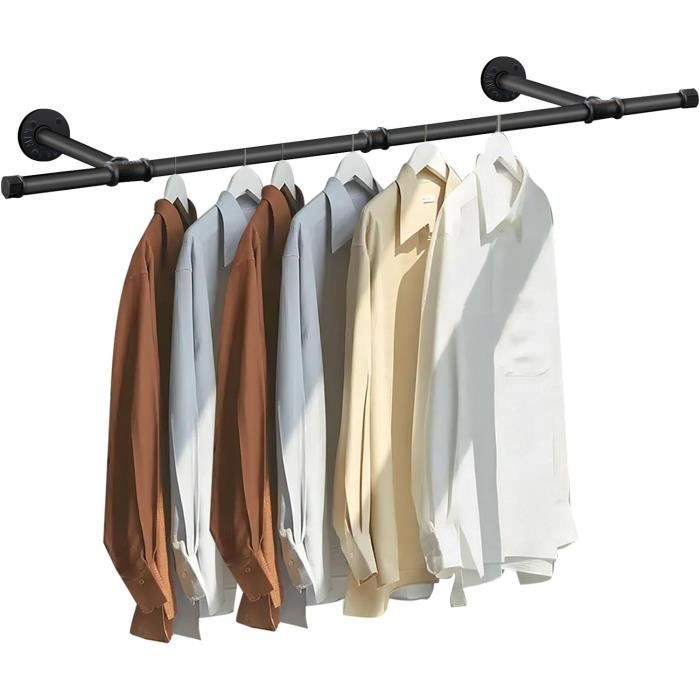 Portant à Vêtements Murale Industriel 167cm | Tringle Métal Noir Pour Chambre - Capacité 70kg