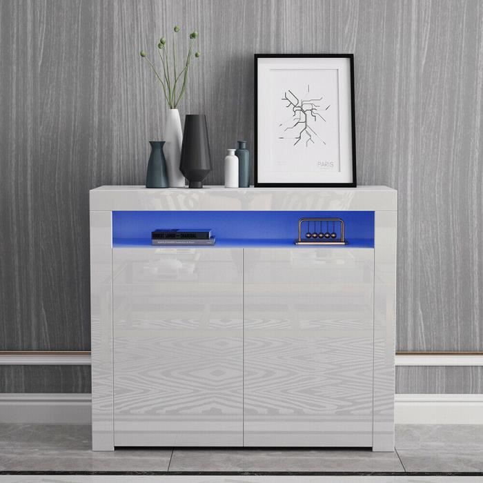 Buffet bas 2 Portes -Brillant - Armoire de cuisine avec Eclairage LED - Meuble dEntrée de Rangement pour la Salon - Blanc