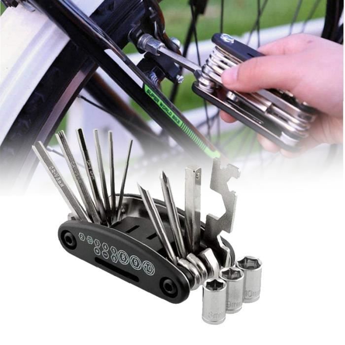 Outils de vélo - 16 en 1 - Noir - Kit de réparation avec pompe à poche et  accessoires - Cdiscount Sport