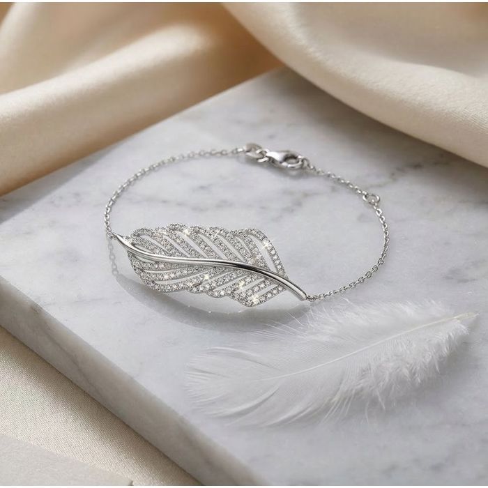 Bracelet - Plume - Scintillante - Zircons - Argent 925/1000 - Massif - 18 cm - Femme - Fabriqué en France