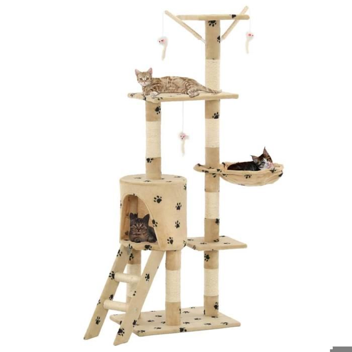 Arbre à chat griffoir grattoir niche jouet animaux peluché en sisal 138cm beige motif de