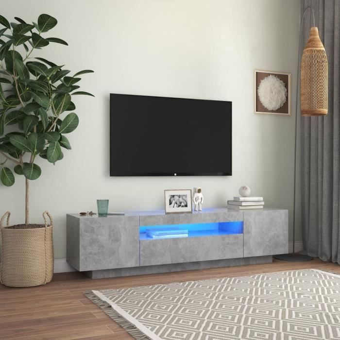 meuble tv bas sur pieds scandinave - table basse multifonction - avec lumières led gris béton 160x35x40 cm623