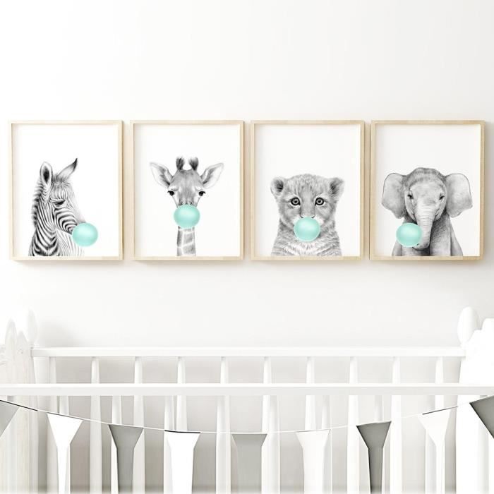 4 Affiches Toile Animaux Safari Chambre Bébé - Lion, éléphant, Girafe, Zèbre - 21x30 Cm, Sans Cadre - Décoration Murale Fille Ou Garçon