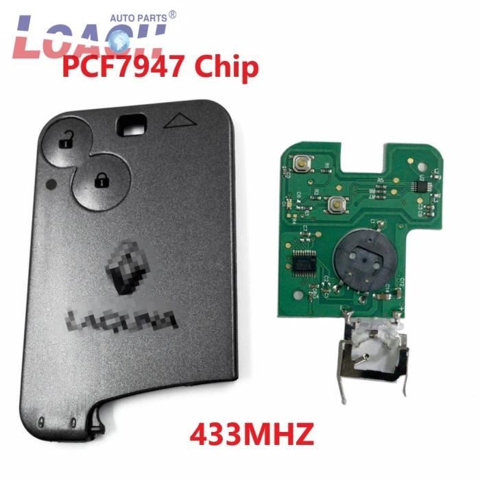 Coque clé,Carte clé télécommande intelligente à 2 boutons, 433Mhz, transpondeur PCF7947, avec logo, pour voiture Renault Laguna,