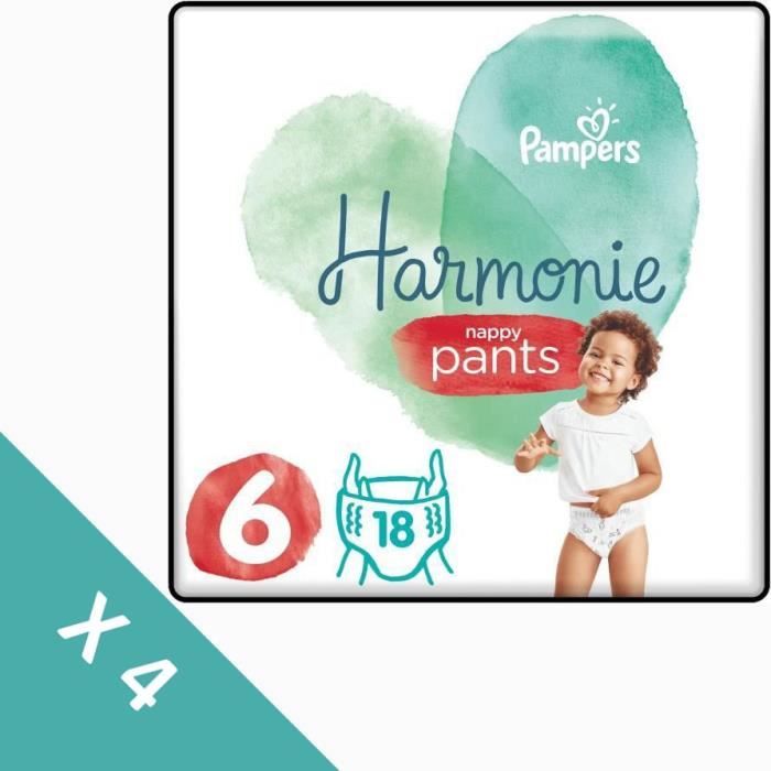 Pampers Harmonie Taille 6 (15+ Kg) - 72 Couches-Culottes Bébé, 0% Compromis, Ingrédients Végétaux
