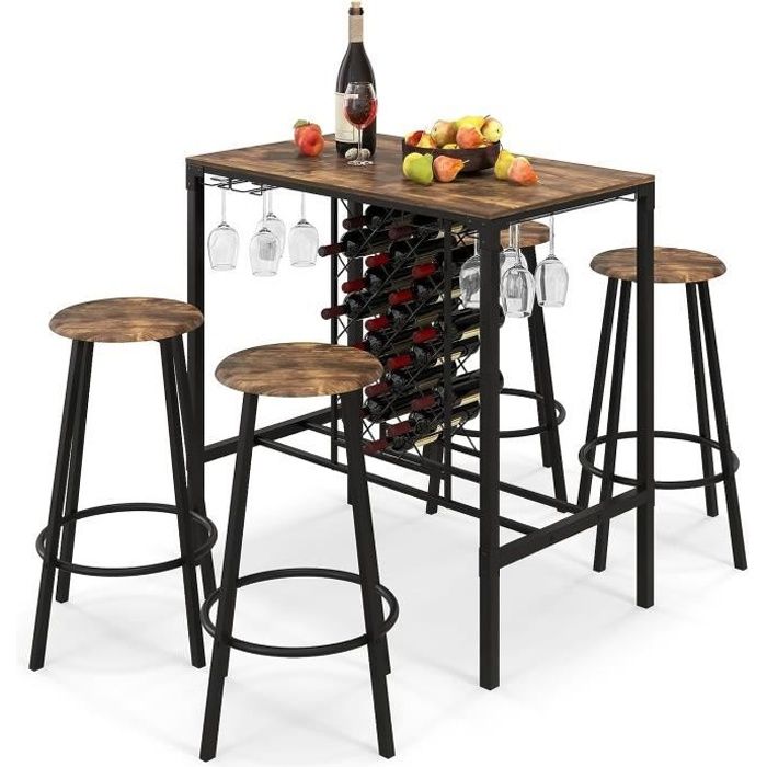 costway table de bar industriel avec 4 tabourets, table haute mange-debout avec porte-verre et casier à bouteilles sous table