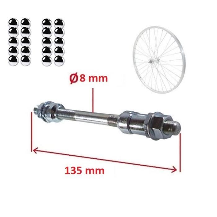 AXE DE ROUE AVANT VELO DIAMETRE 8MM x LONGUEUR 135MM PLEIN + 20x BILLES ACIER DIAMETRE 3/16\