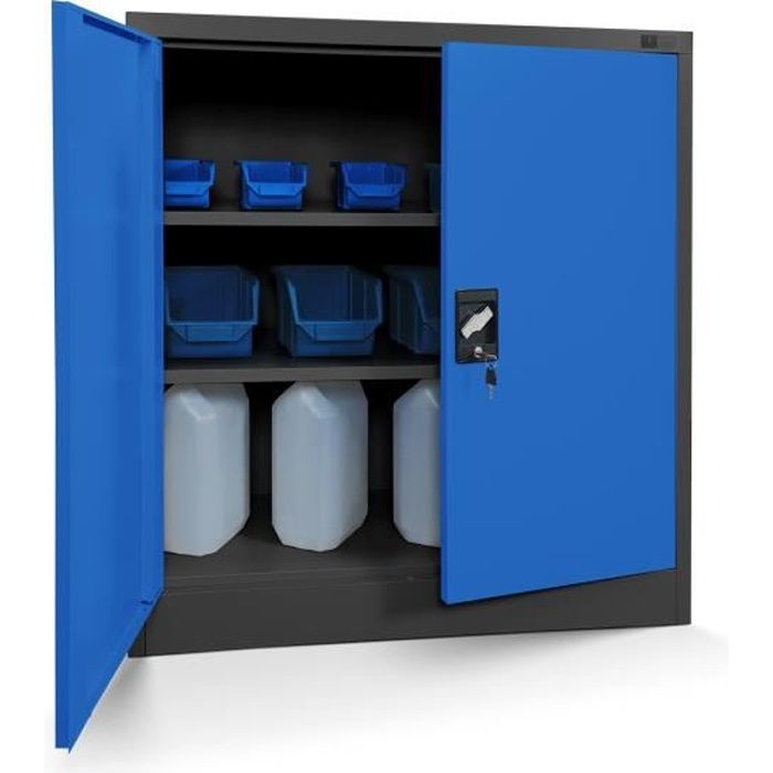 petit armoire de bureau métallique c001 verrouillable 2 tablettes manteau en poudre 92,5 cm x 90 cm x 40 cm anthracite-bleu