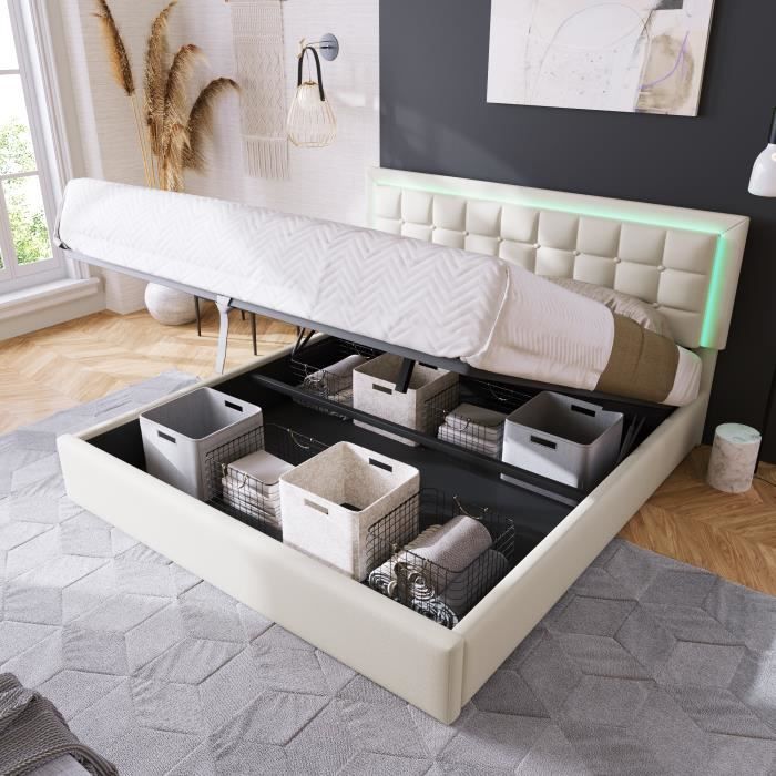 Lit coffre pour adulte 160x200 cm avec LED en similicuir blanc Grand espace de rangement Sommier à lattes en bois massif Moderne Lit coffre pour adulte 160x200 cm avec LED en similicuir blanc Grand espace de rangement Sommier à lattes en bois massif Moderne