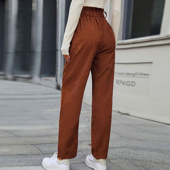Dioche pantalon a jambe droite Femmes Boutonnee Pantalon en Velours Cotele a Poche Garniture a Volants Taille vetements pantalon Light tan Cdiscount Pret a Porter