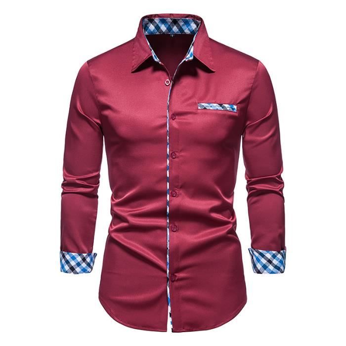 Chemise Homme Chemise a Manches Longues Chemises Business Casual de Travail Chemisette a Carreaux Decontractee Pour Homme Vin Rouge Vin Rouge Cdiscount Pret a Porter