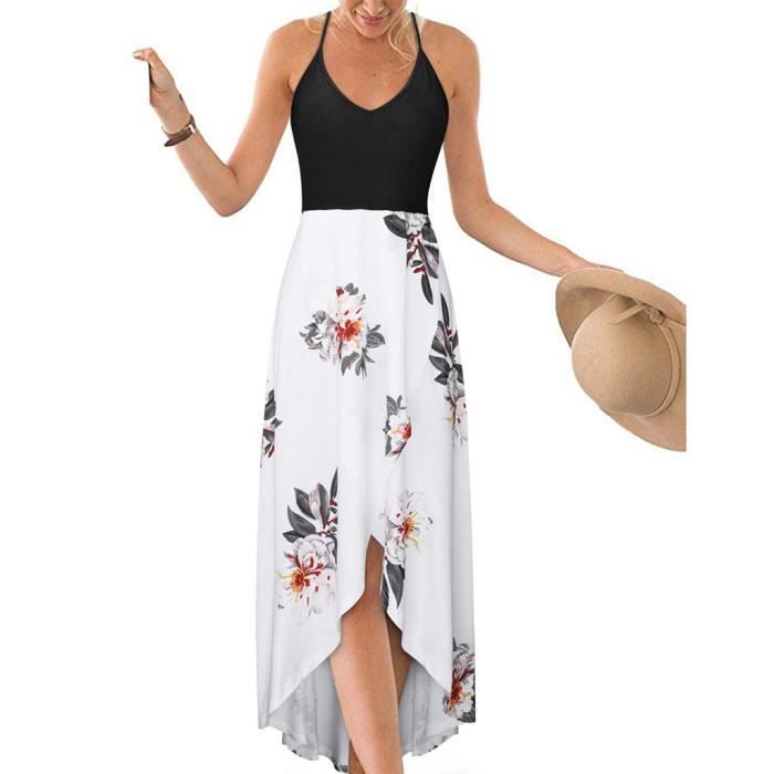 Robe Femme été Sans Manches Encolure Carrée - Bretelles Spaghetti, Ourlet Volanté - Tissu Polyester Léger - Pour Plage, Cocktail, Soirée