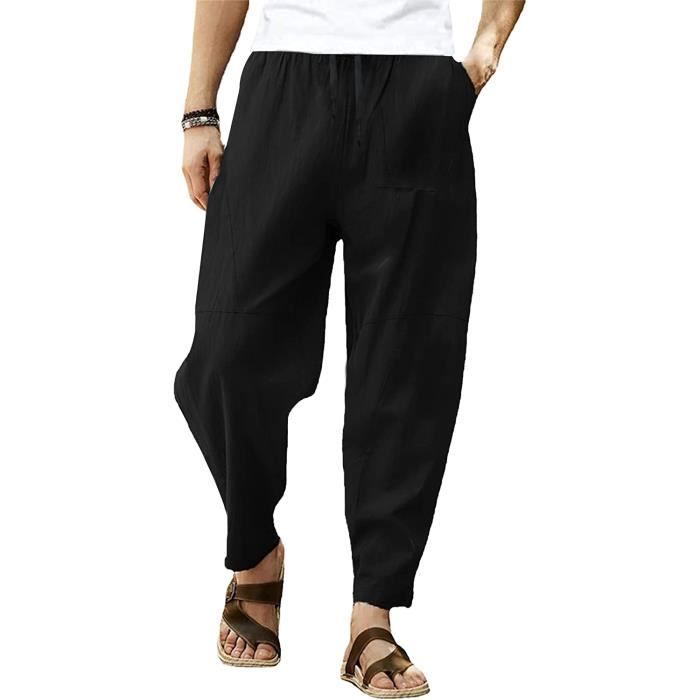 Pantalon Homme Lin Et Coton Pantalon Toile Ete Pantalon Detente Yoga Leger Regular Taille Elastique Noir Noir Cdiscount Pret a Porter