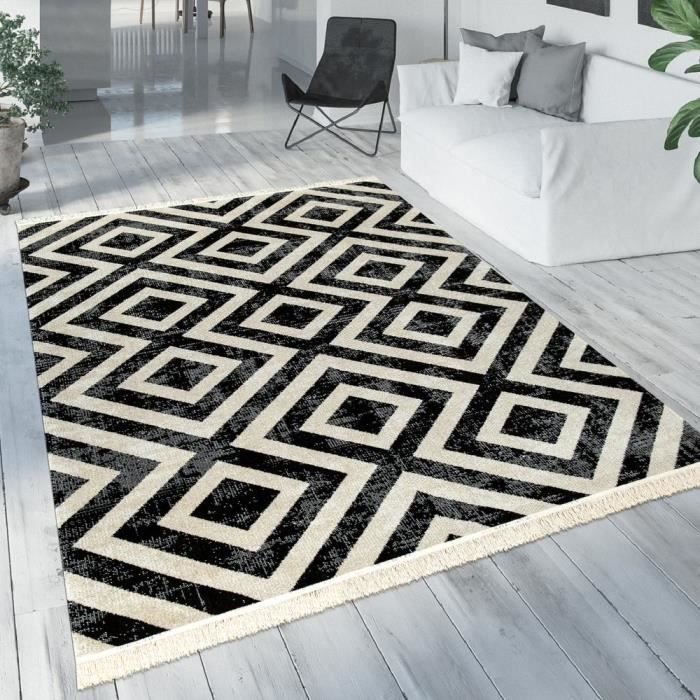 Tapis Noir Blanc Balcon Terrasse Exterieur Style Scandinave Motif Losanges Robuste 80x250 Cm Cdiscount Maison