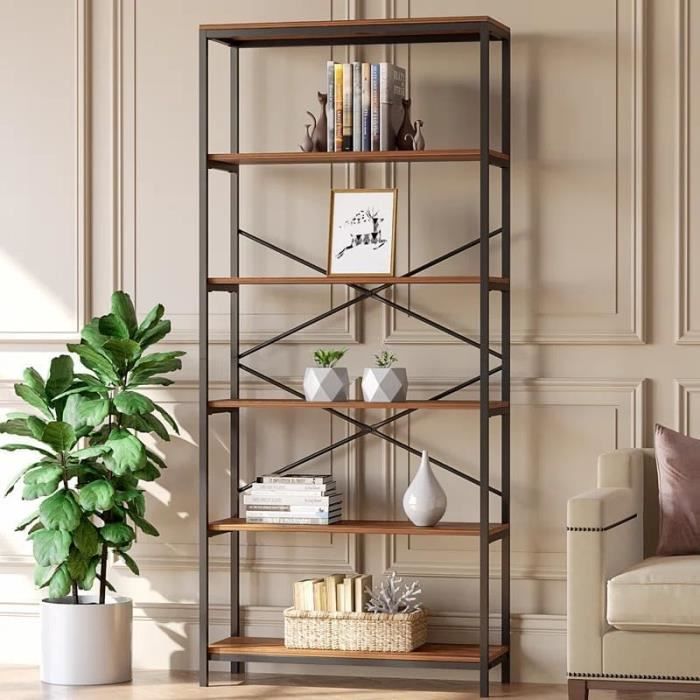 Bibliothèque Arquée 5 étagères - 80x30x180 Cm - Métal Et MDF - Design Moderne Pour Salon, Chambre, Bureau