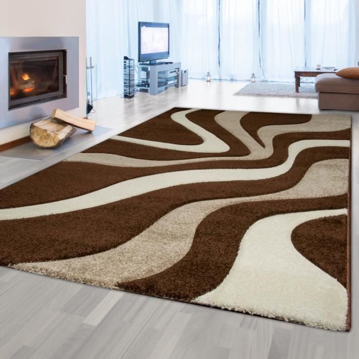 tapis de salon avec des vagues | résistant et facile d'entretien | en marron et blanc - 80 x 150 cm