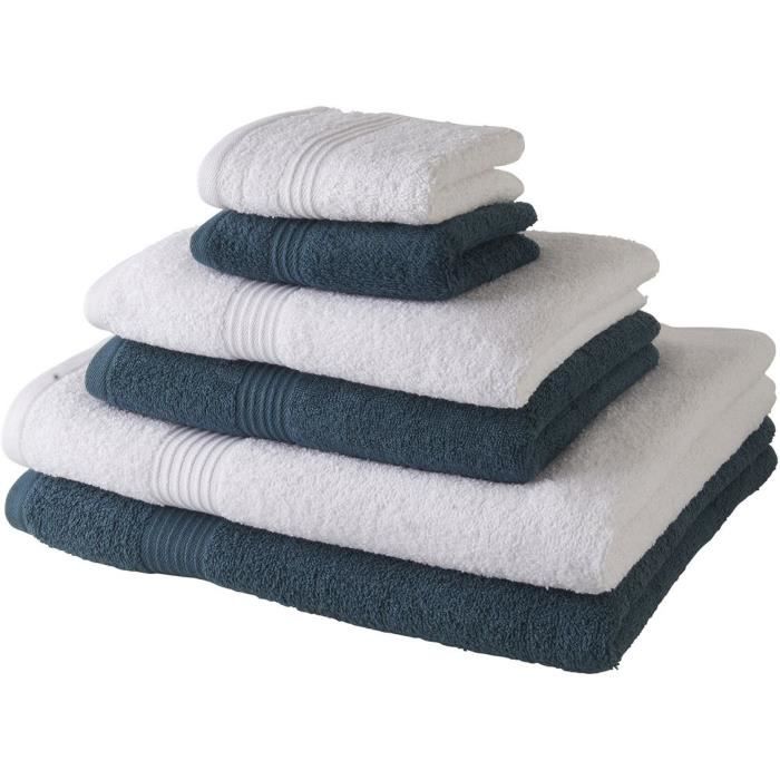 TODAY Lot de 6 serviettes de bain - Bleu et blanc - 100 % coton