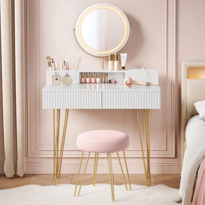 Coiffeuse avec Miroir Pivotant et Tabouret Miroir avec Éclairage et Multiprise 40 x 80 x 134 8 cm Blanc et Doré Clair Coiffeuse avec Miroir Pivotant et Tabouret Miroir avec Éclairage et Multiprise 40 x 80 x 134 8 cm Blanc et Doré Clair
