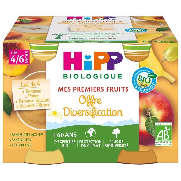 hipp offre diversification mes premiers fruits 4x125g pommes poires bananes peches pommes raisins cdiscount pret a porter