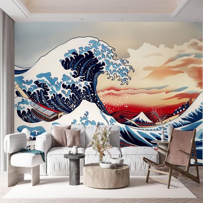 Papier Peint Photo 3D – Vagues Bleues, Effet Famille, Grande Fresque Murale