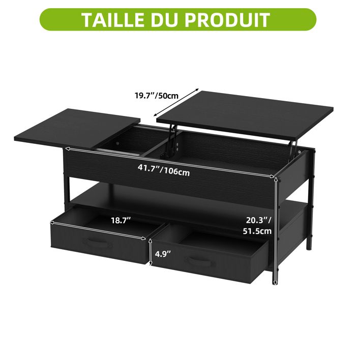 Table Basse Relevable Double Extensible avec Pouf, Plateau Noir Laque Table Basse Relevable Double Extensible avec Pouf, Plateau Noir Laque
