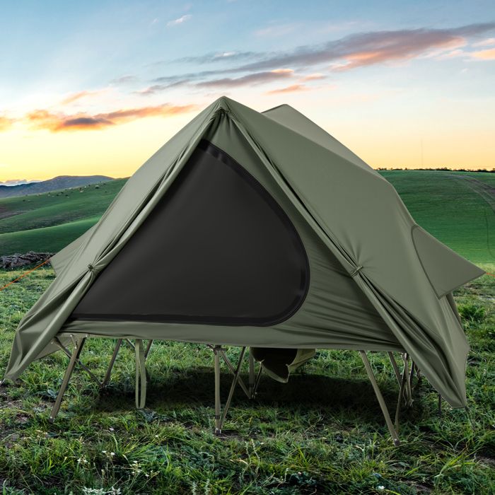 Tente De Camping Surélevée 2 Places Avec Matelas Pneumatique 2 Oreillers Et 2 Sacs De Couchage