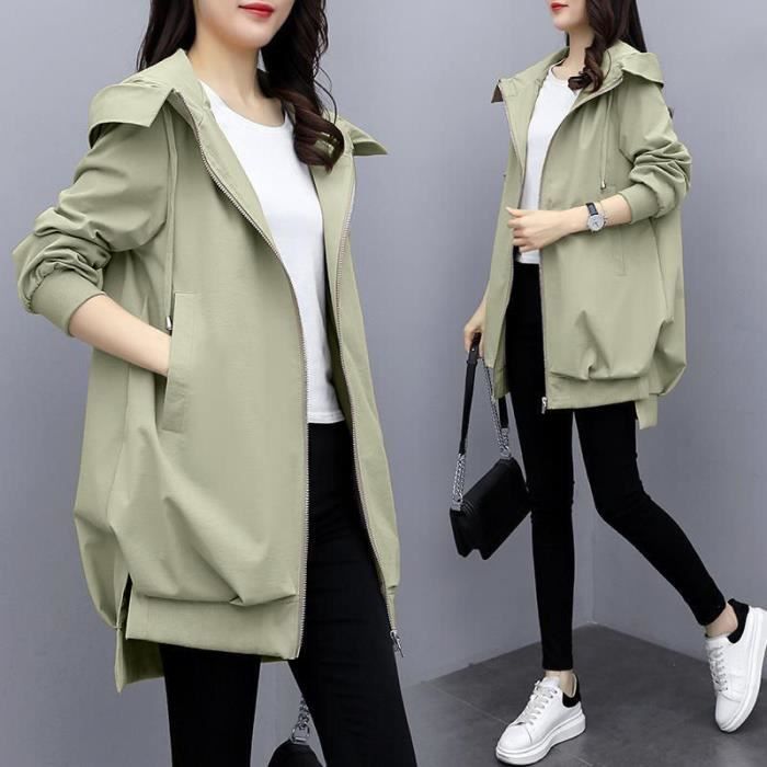 Manteau Nouvelle mode femmes printemps veste femmes hauts coreen ample mi long femmes coupe vent manteau a capuche Type Green 2 Blanc Cdiscount Pret a Porter