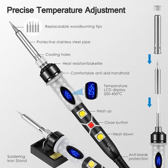 Kit Fer à Souder Preciva 80W - Écran LCD Réglable 220°C-500°C - Avec Pompe à Dessouder Et Pointes