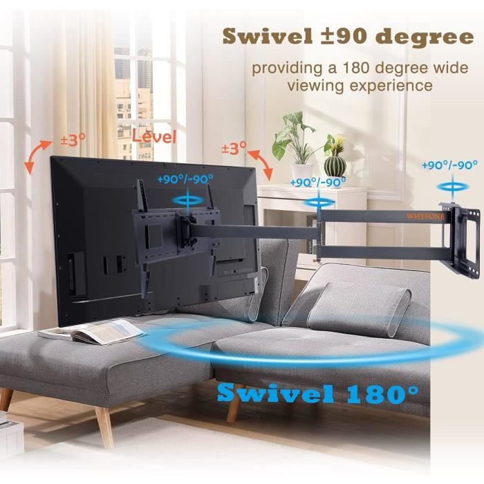 Support Mural TV WHYFONE Extra Long 845mm - Rotatif, Orientable Et Inclinable Pour TV 26-65 Pouces Jusqu'à 35kg, VESA 400x400