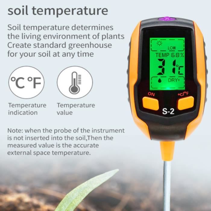 Humidimètre du sol 4 en 1, température numérique des plantes/humidité du  sol/PH-mètre/intensité de la lumière du soleil/humidité de l'environnement  Affichage LCD rétroéclairé pour le jardinage, l'ag 