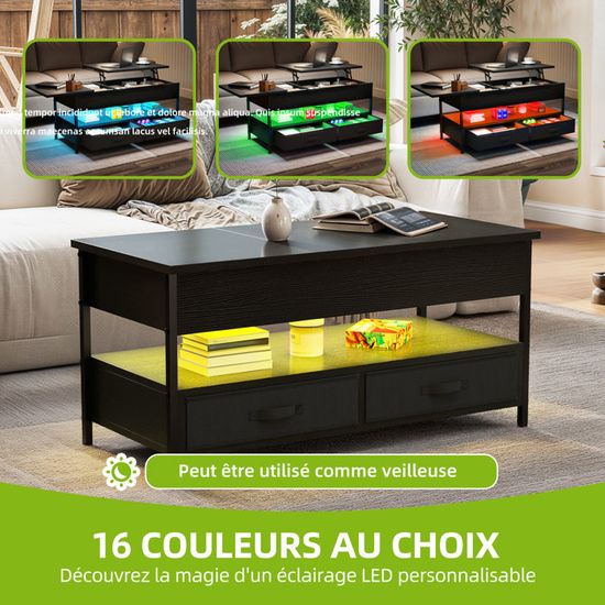 YITAHOME Table Basse Relevable 106x50x51,5 Cm Noir - Plateau Élévateur, LED RGB 16 Couleurs, 2 Tiroirs Tissu, Rangement Malin Salon