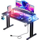 HLONONE LED Bureau Gaming 120 x 60 cm, avec Multiprise, avec Support d'Écran, avec Porte Gobelet et Crochet pour Casque, Noir