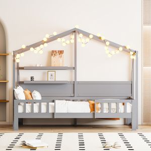 SOMMIER Lit enfant 90 x 200 cm,canapé-lit en bois massif,lit gris pour garçon et fille avec toit amusant et barrière de sécurité
