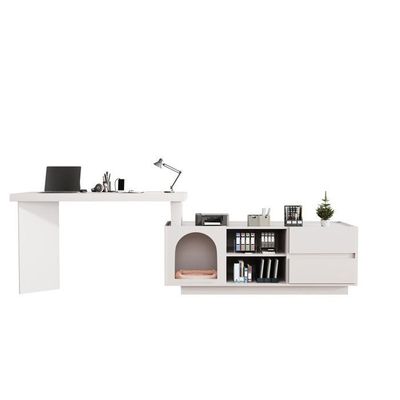 Bureau D'angle Avec Espace Pour Chat - 120x50 Cm, Plateau Robuste, 2 Tiroirs Et étagères, Niche Intégrée (noir) - 4
