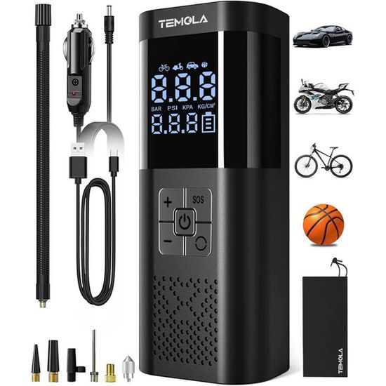 Mini Gonfleur Sans Fil 120 PSI - Écran LED, Charge USB-C, Buses Incluses - Pour Pneus Voiture, Vélo, Ballon, Moto - 13