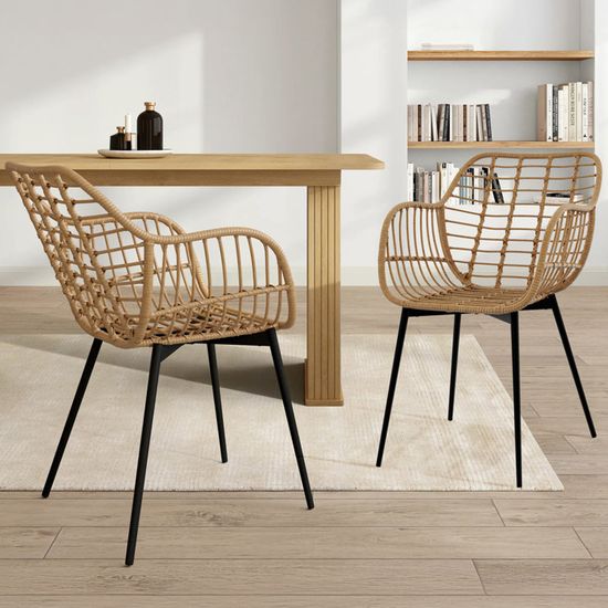 Lot De 2 Chaises De Salle à Manger Jany - Velours Côtelé Taupe - Accoudoirs - Pieds Métal Noir - Assise Moelleuse