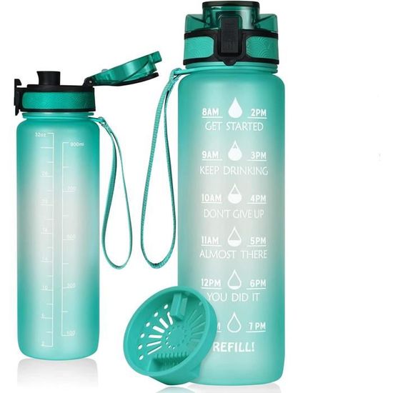 Leytn® Gourde Sport 1 litre Bouteille d'eau Sport plastique Anti-Fuite avec Filtre et Marqueur de Temps pour Fitness Voyage Camping 