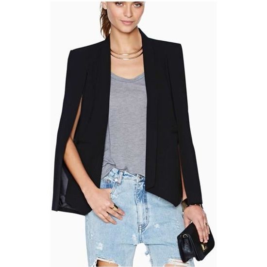 Blazer col chale manche cape femme OL elegante Veste ladies droit avec poches Grande Taille Automne Printemps Noir Cdiscount Pret a Porter