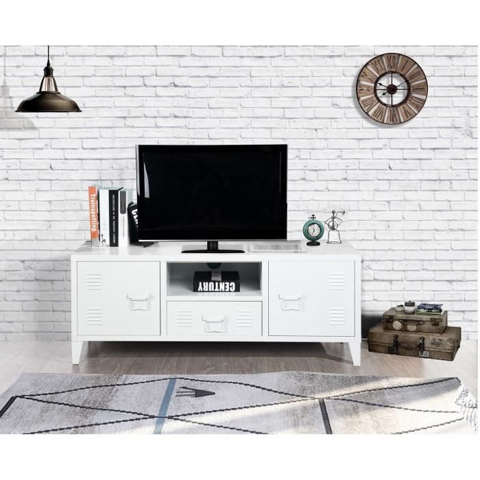 LIVERPOOL Meuble TV en métal 2 portes 1 tiroir - Blanc - L 120 cm