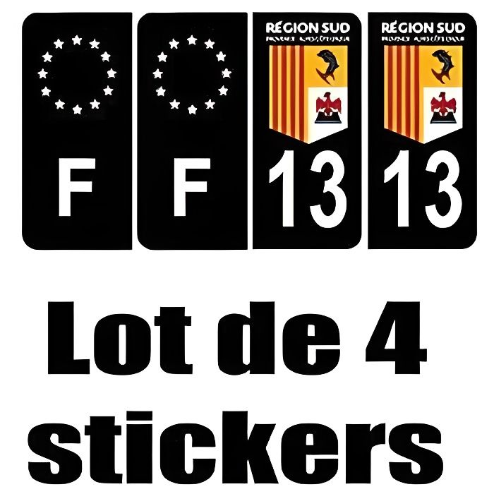 Département 13 région Sud logo 2 noir- PACA logo - F europe noir - 4 Autocollants Stickers Auto Plaque d'immatriculation - Angles