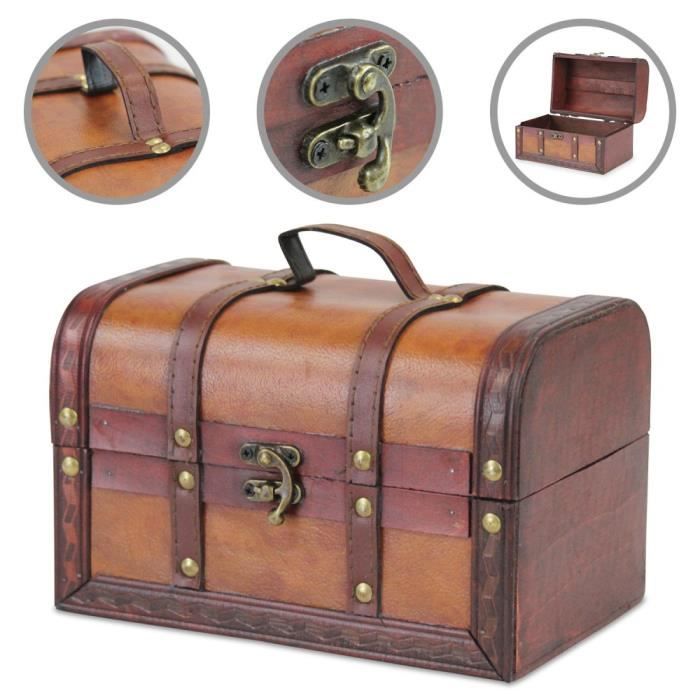 coffre au trésor coffre au trésor en bois en bois avec cuir synthétique, (L x P x H) 22 x 14 x 14 cm, marron