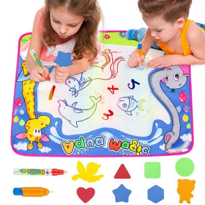 Tapis de griffonnage à l'eau 70 x 51 cm avec 6 moules et 2 stylos magiques pour garçons filles tout-petits enfants