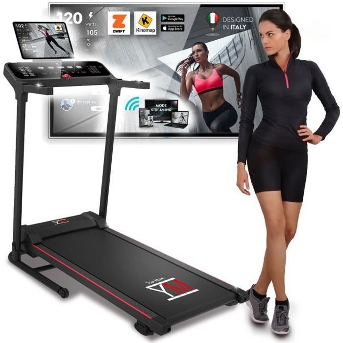 Tapis de Course Électrique Pliable YOUR MOVE mod. TAP 120, Écran Tactile, App KINOMAP et ZWIFT, 12 Programmes Inclinaison, Cardio YM