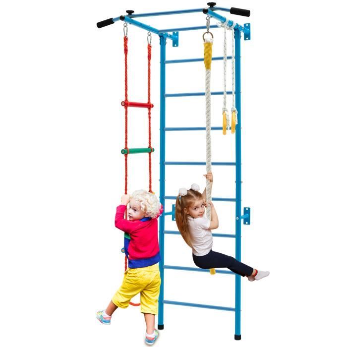 COSTWAY Espalier de Gymnastique Enfants Mur Escalade avec Barre de Traction, Anneaux de Gym. - Échelle en Tricot - Trapèze Bleu