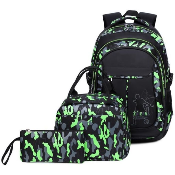 7House Sac à dos scolaire pour garçon Lot de 3 + sac repas midi + trousse à stylos cartable 19inch pour la rentrée Noir & Vert
